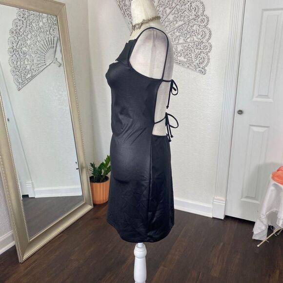 Early 2000's Hottie Slinky Open Back Lace Up Little Black Mini Party Dress M - Picture 4 of 7